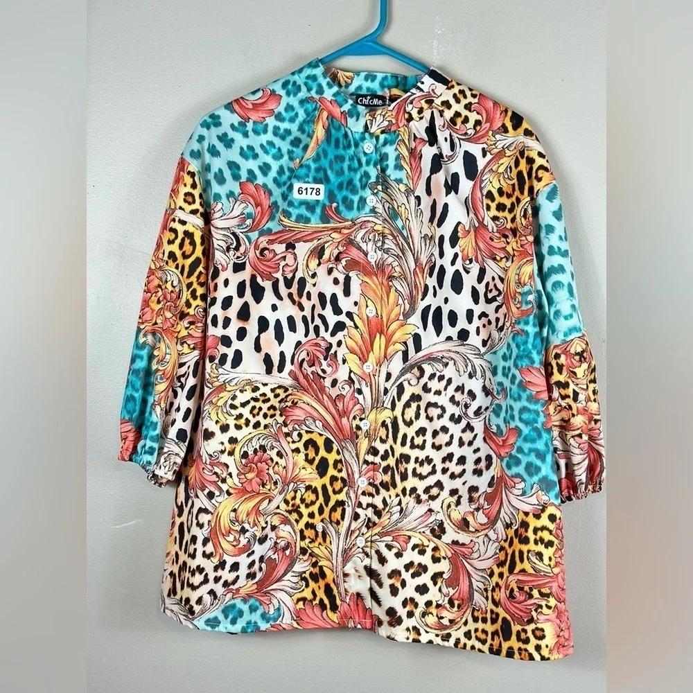 Chick me xlarge nwot 21-1/2 p2p 27” length vibrant colors button down - Picture 2 of 8